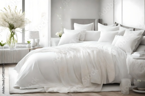 A tranquil bedroom scene with soft white bedding and a vase of delicate white flowers, evoking a sense of springtime freshness and serenity
