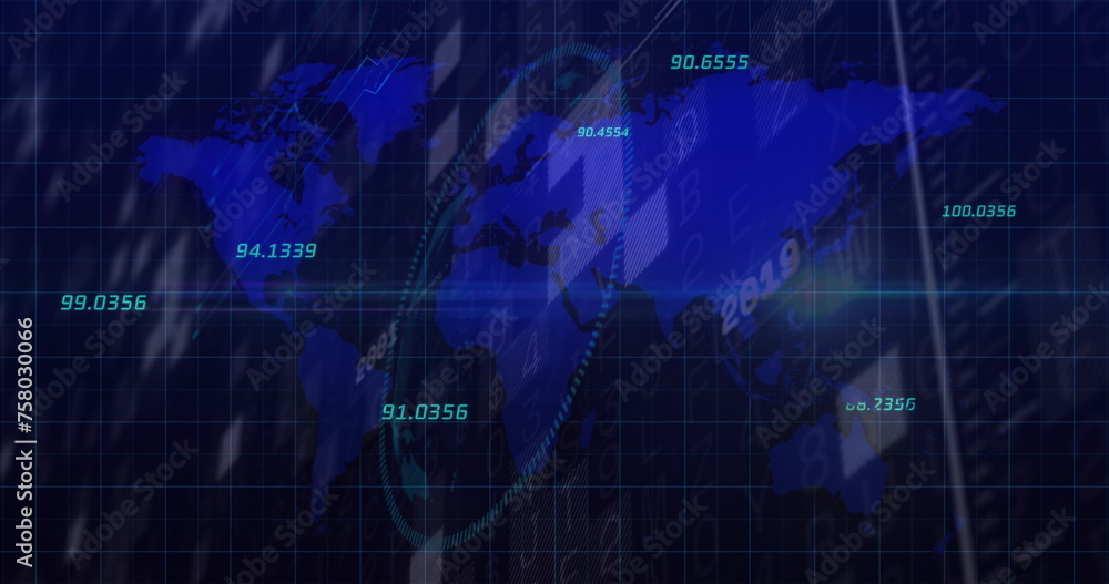 Image of world map and financial data processing over black background Image of world map and financial data processing over black background