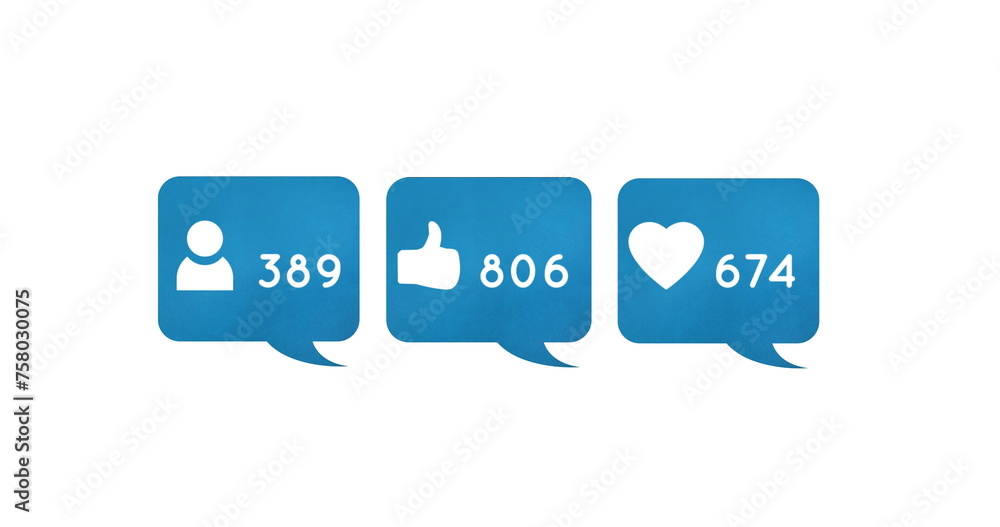 Digital image of follower, like and heart icons and increasing numbers inside blue chat boxes on a Digital image of follower, like and heart icons and increasing numbers inside blue chat boxes on a