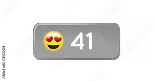 Digital image of increasing numbers and heart eyes emoji inside a grey box on a white background 4k