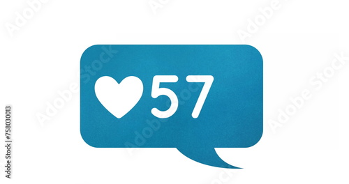 Digital image of increasing numbers and heart icon inside a blue chat box on a white background 4k