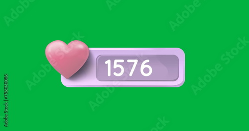 Digital image of a pink heart icon and numbers increasing inside a grey box on a green background 4k