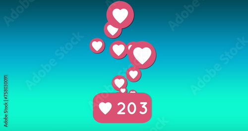 Digital image of moving heart icons above increasing numbers and heart icon inside a pink box on a b