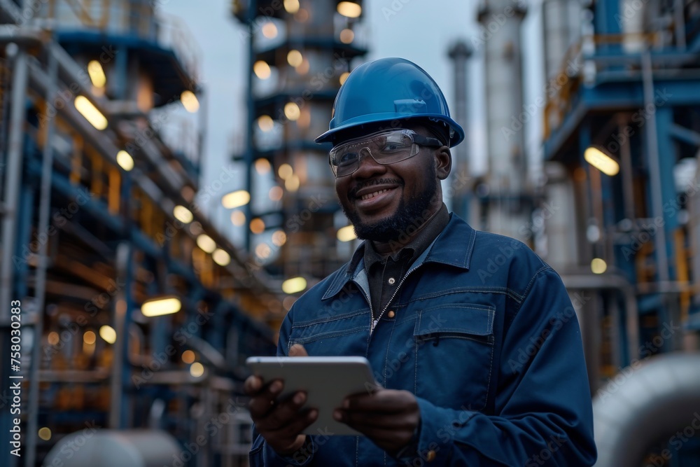 Happy industrial engineer in hardhat using tablet at a manufacturing plant Happy industrial engineer in hardhat using tablet at a manufacturing plant