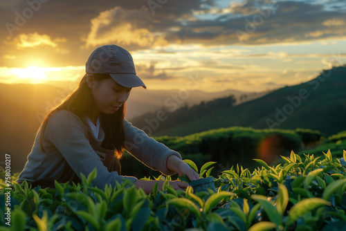 Asian woman picking tea leaves in tea plantation at sunrise