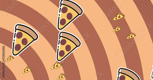 Image of pizza icons over stripes on yellow background