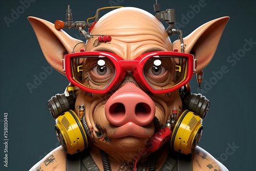 Futuristic Hipster Pig: Cyberpunk Headgear and Red Glasses in High Detail photo