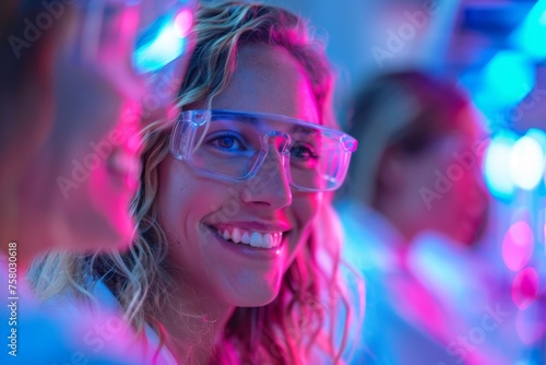 Smiling female scientist with peers analyzing data in a laboratory setting