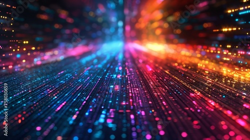Formulate an energetic array of pixel streams in a spectrum rush on a dark field
