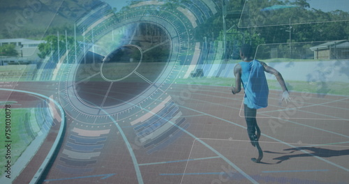 Image of digital data over african american disabled man training with running blade