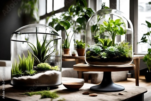 Terrarium with plants in the living room adding freshness and natural ener photo