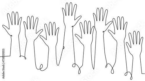 continuous single line drawing of a group of hands raised up. The concept of voting, elections © MichiruKayo