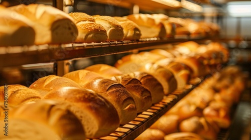 Warm bakery scene with rows of fresh loaves on shelves, showcasing an assortment of crusty, golden breads