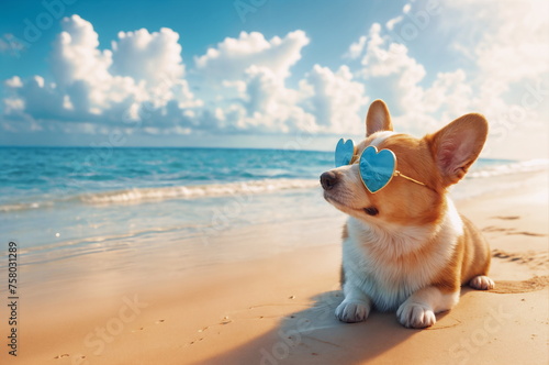 A corgi wearing heart-shaped sunglasses lies on the beach. © Anna
