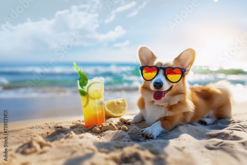 Chillaxing Corgi: A Dog’s Beach Day Out with Sunglasses and Tropical Drink. . Summer vacation banner concept with copy space © Anna