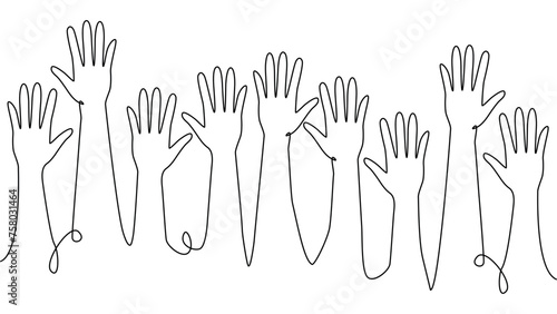 continuous single line drawing of a group of hands raised up. The concept of voting, elections