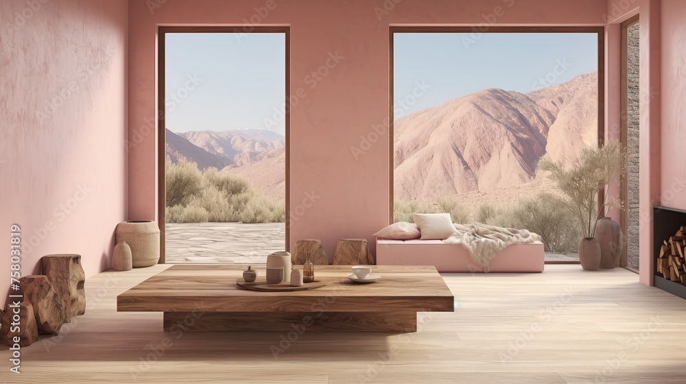 Boho ethnic living room with rustic coffee table, white sofa, and wall featuring two poster frames Boho ethnic living room with rustic coffee table, white sofa, and wall featuring two poster frames