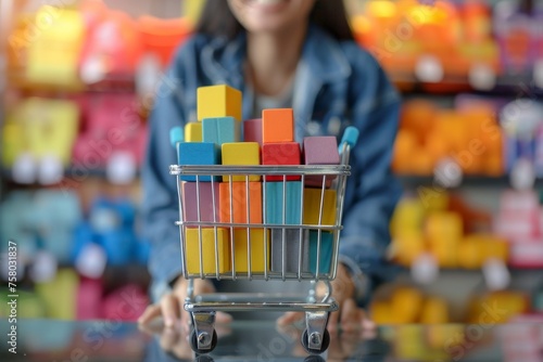 Happy young shopper with a miniature cart full of colorful blocks symbolizing sales and discounts