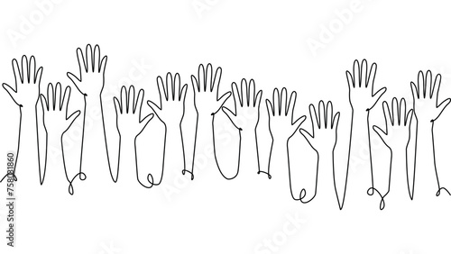 continuous single line drawing of a group of hands raised up. The concept of voting, elections