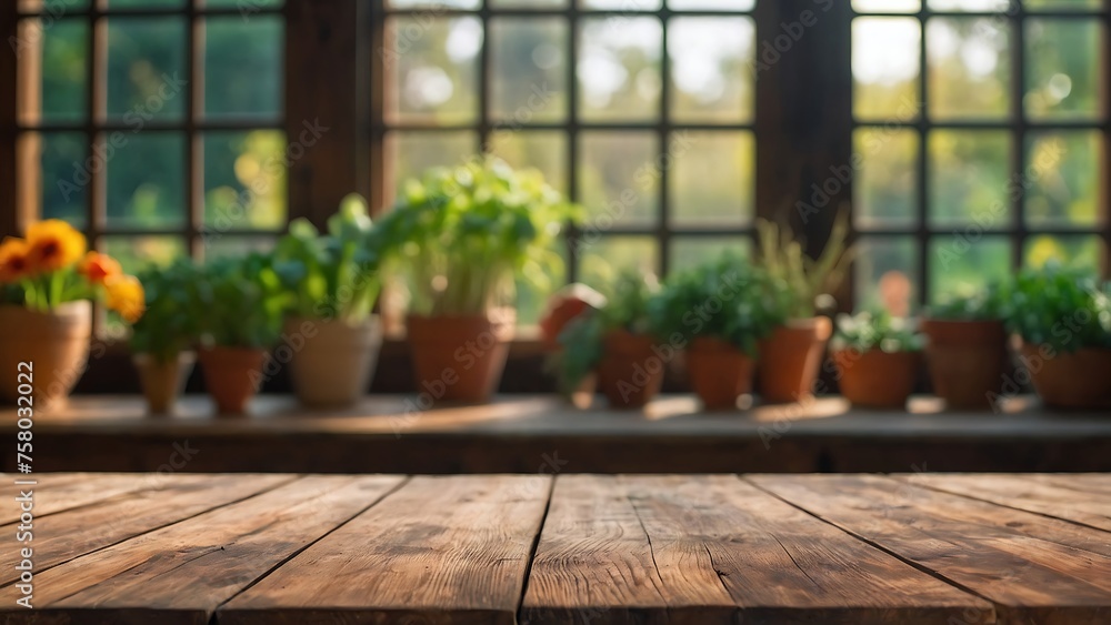 Empty wooden table with beautiful garden background, Farm, photorealistic Empty wooden table with beautiful garden background, Farm, photorealistic