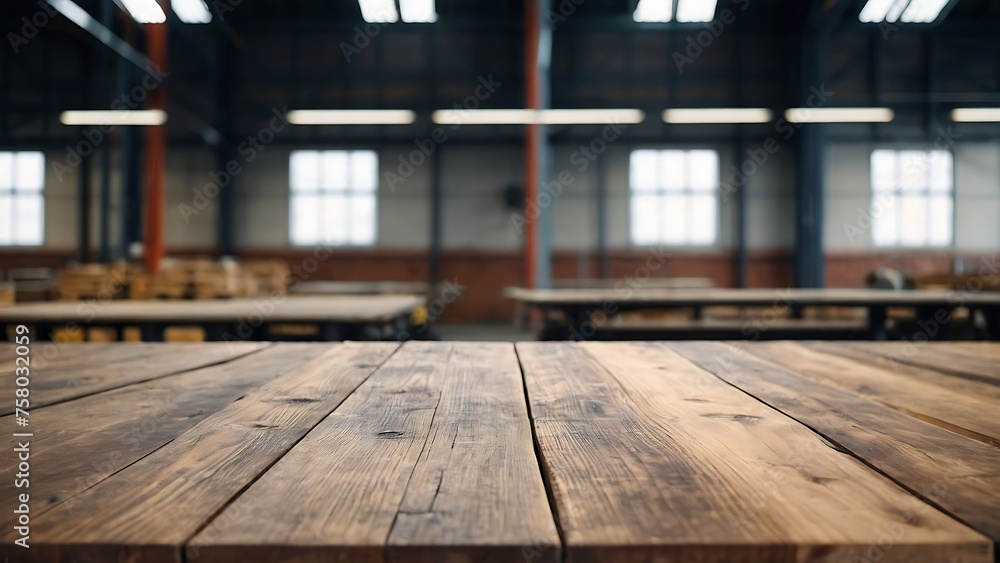 Empty wooden table with beautiful Warehouse background, Factory, photorealistic Empty wooden table with beautiful Warehouse background, Factory, photorealistic