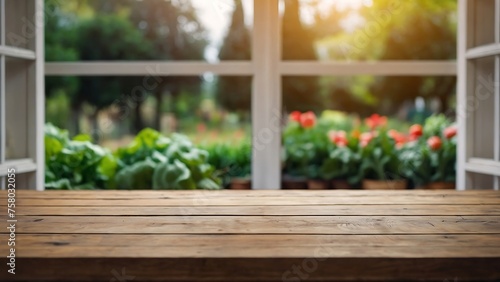 Empty wooden table with beautiful garden background  Farm  photorealistic