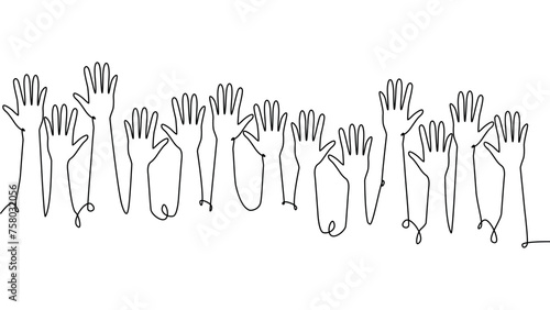 continuous single line drawing of a group of hands raised up. The concept of voting, elections