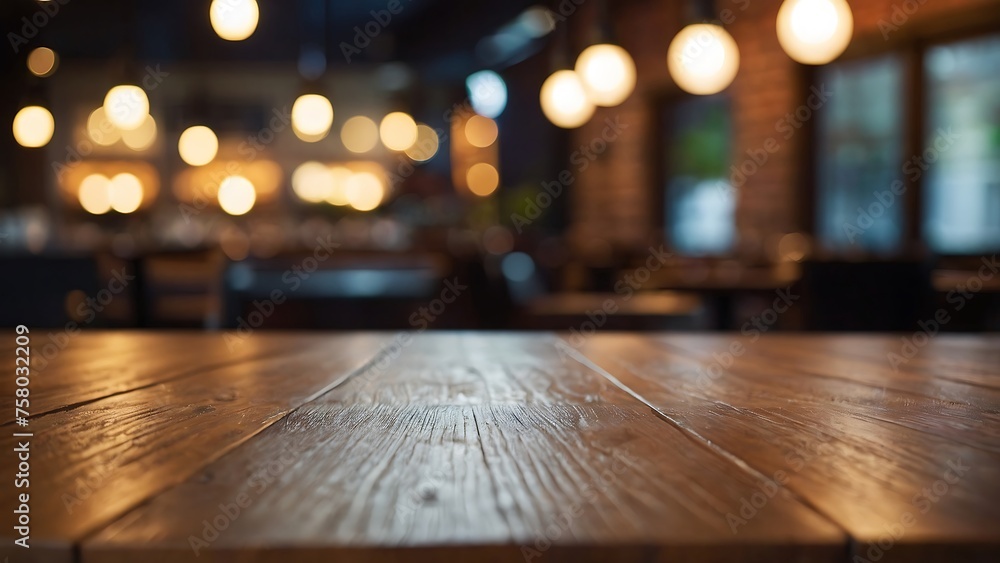 Empty wooden table with beautiful Café background, restaurant, photorealistic Empty wooden table with beautiful Café background, restaurant, photorealistic