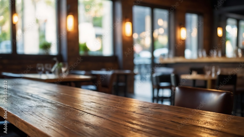 Empty wooden table with beautiful Café background, restaurant, photorealistic Empty wooden table with beautiful Café background, restaurant, photorealistic