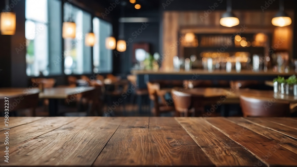 Empty wooden table with beautiful Café background, restaurant, photorealistic