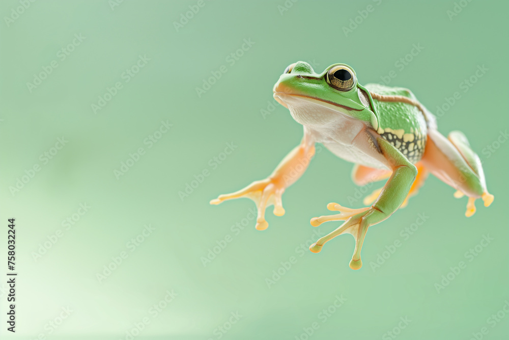 Naklejka premium Green tree frog jumping isolated on pastel background with copy space for text.