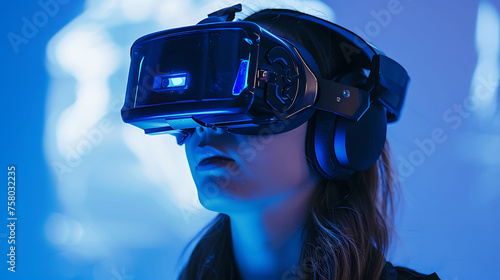 Young woman using a virtual reality headset. She is immersed in a blue and purple world.