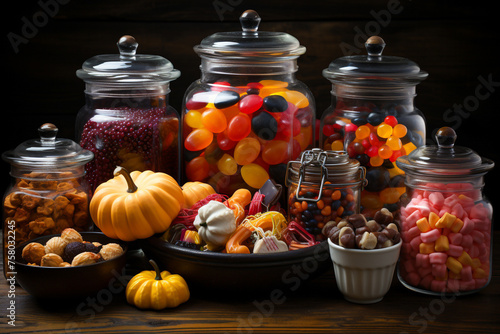 Assorted gummy candies in bowl on wooden table. Selective focus.