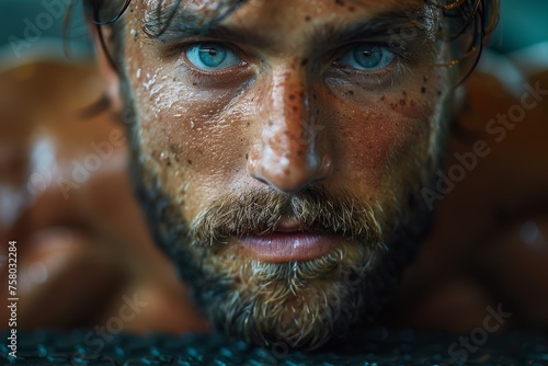 Intense gaze of a swimmer with water droplets on his face and beard © Larisa AI