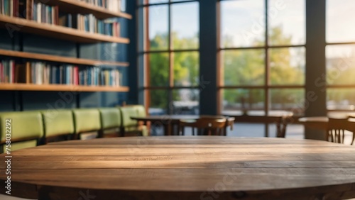 Empty wooden table with beautiful Library background, School, photorealistic