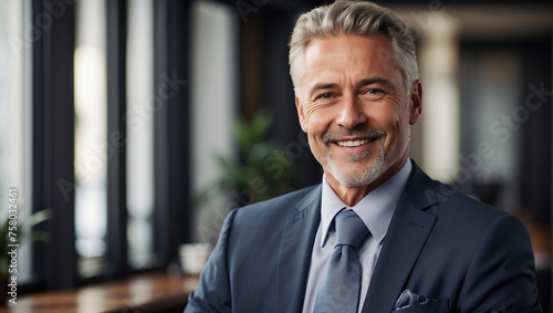 Selbstbewusster Geschäftsmann mit grauem Haar im modernen Büro – Professionelles Business-Porträt photo