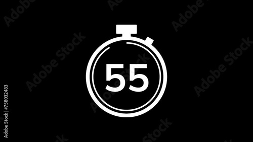 60 seconds countdown timer animation from 60 to 0 seconds. Modern white stopwatch cowndown timer on black background photo