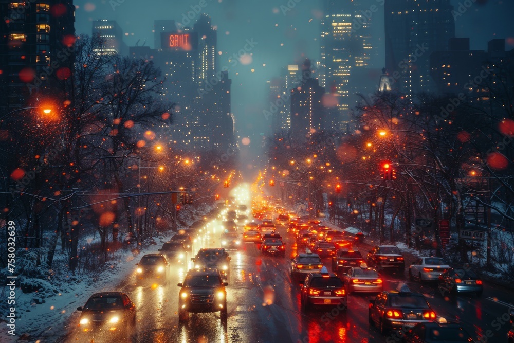 Evening traffic captured on a city thoroughfare with snow falling gently, lights of vehicles illuminating the scene
