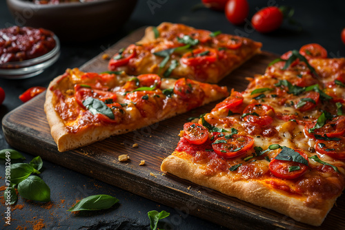 Pizza with salami, mozzarella and tomatoes on a wooden background