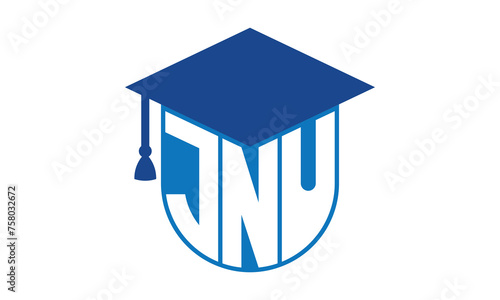 JNU initial letter academic logo design vector template. school college logo, university logo, graduation cap logo, institute logo, educational logo, library logo, teaching logo, book shop, varsity photo