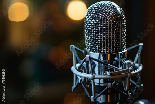A close-up image capturing the intricate details of a professional studio microphone with a blurred background to emphasize the subject