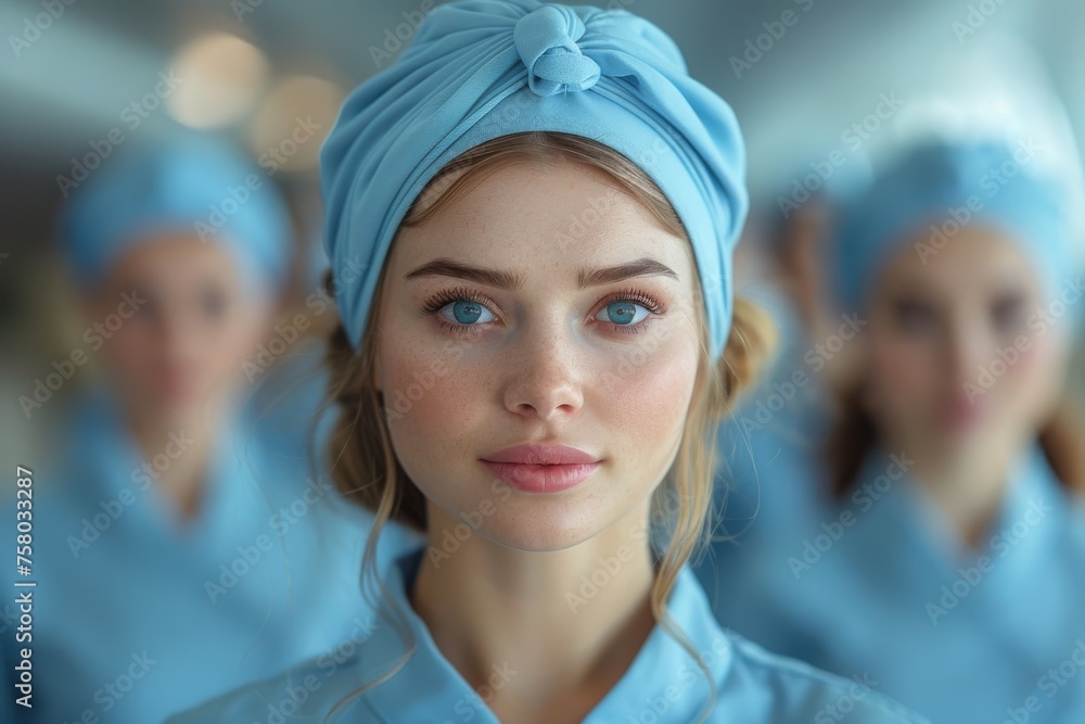 A portrait of a serene woman with blue eyes and a stylish blue headscarf, focused and clear - obrazy, fototapety, plakaty 