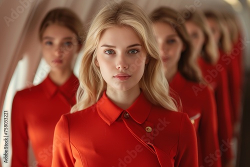 Captivating blonde flight attendant with a reflective backdrop adding depth to the sophisticated portrait