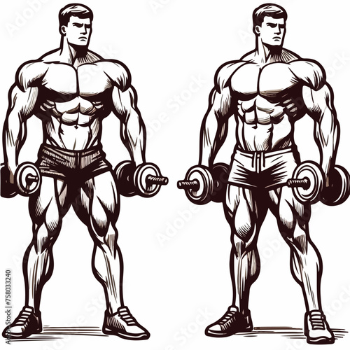 illustration of fitness man, bodybuilder training 