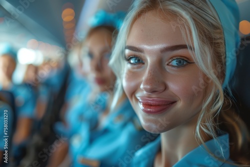 Approachable flight attendant smiling warmly, with colleagues in the background, conveying hospitality