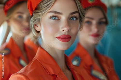 Confident air stewardess flanked by fellow crew members, displaying a striking presence in bright attire photo