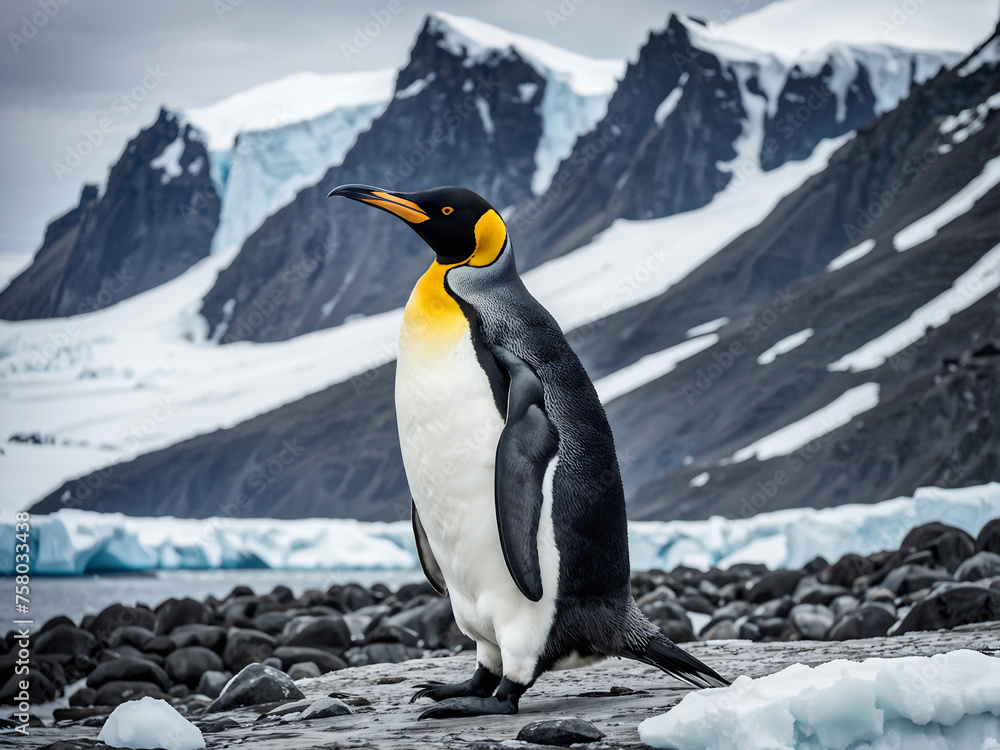 Fototapeta premium King Penguin (Aptenodytes patagonicus). contrast of its sleek black and white plumage, and the regal posture as it stands amidst the Antarctic landscape. Generative Ai.