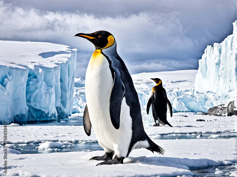 Fototapeta premium King Penguin (Aptenodytes patagonicus). contrast of its sleek black and white plumage, and the regal posture as it stands amidst the Antarctic landscape. Generative Ai.