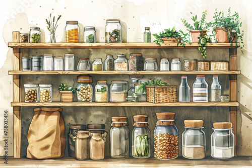 Eco-friendly home organization concept with copy space. Assorted glass jars with various dry foods on wooden shelves amidst indoor plants. Design for minimalistic lifestyle, zero waste home, and decor