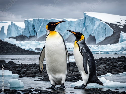 King Penguin  Aptenodytes patagonicus . contrast of its sleek black and white plumage  and the regal posture as it stands amidst the Antarctic landscape. Generative Ai.